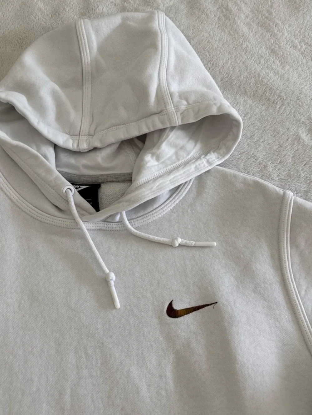 Nike White Crewneck Hoodie with Small Brown Swoosh